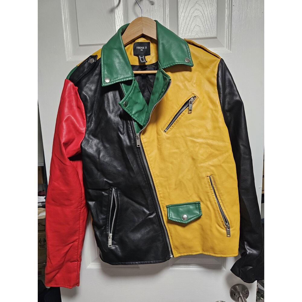 Forever 21 Men's Faux Leather Moto Jacket Multicolor Medium Full Zip